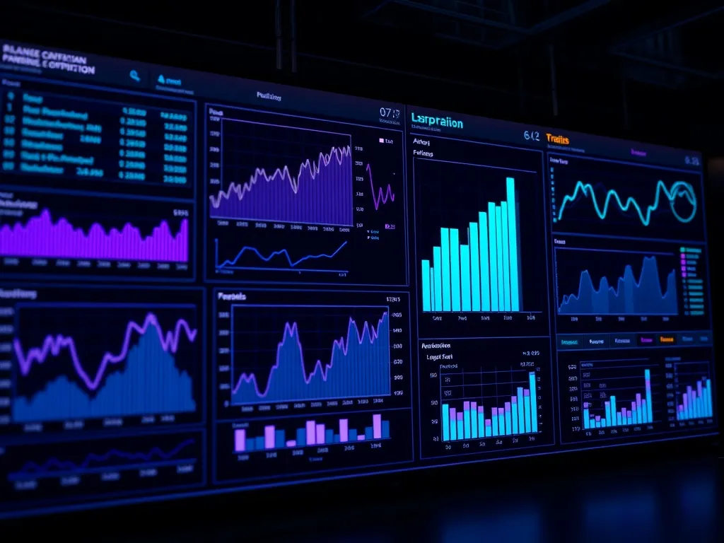 A high-tech digital dashboard showing financial graphs, char