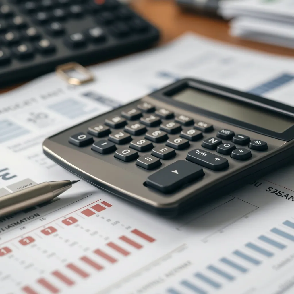 Close-up of a mechanical calculator and organized financial