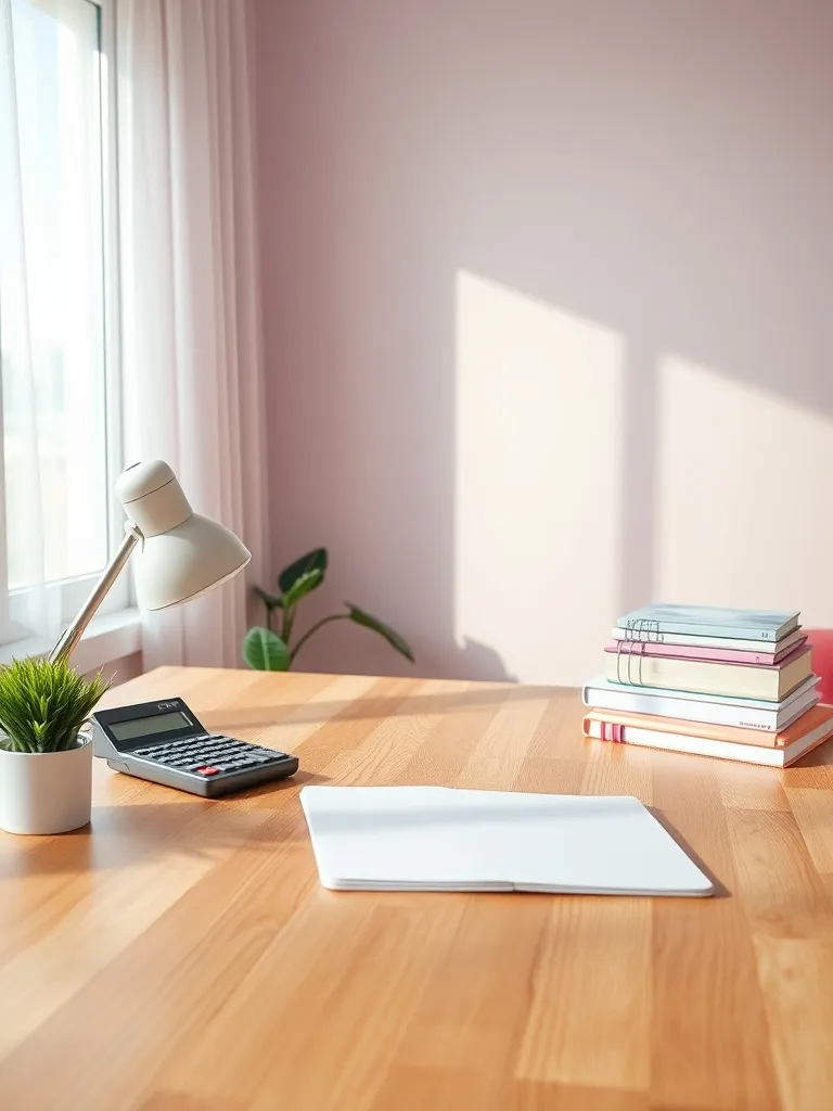 A clean, minimalist workspace with a wooden desk, an open no