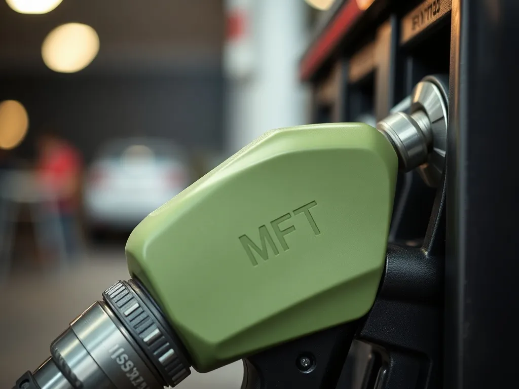 A close-up of a fuel pump nozzle at a gas station, focus on