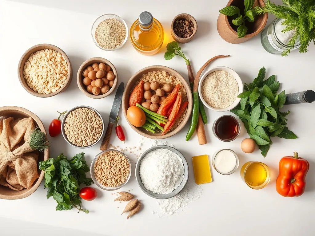 A top-down view of organized grocery items, grains, vegetabl