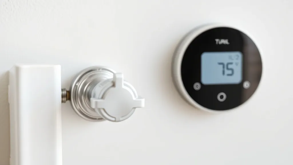 A technical close-up of a radiator valve and a digital therm