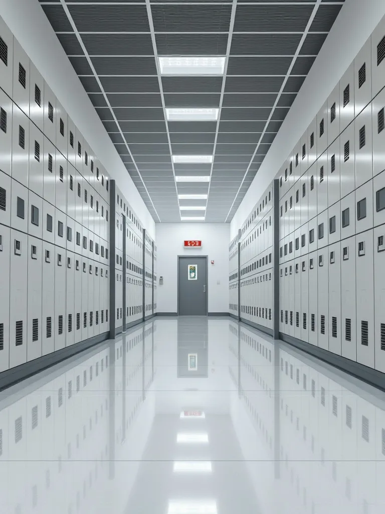 A modern school hallway with lockers and a clean polished fl