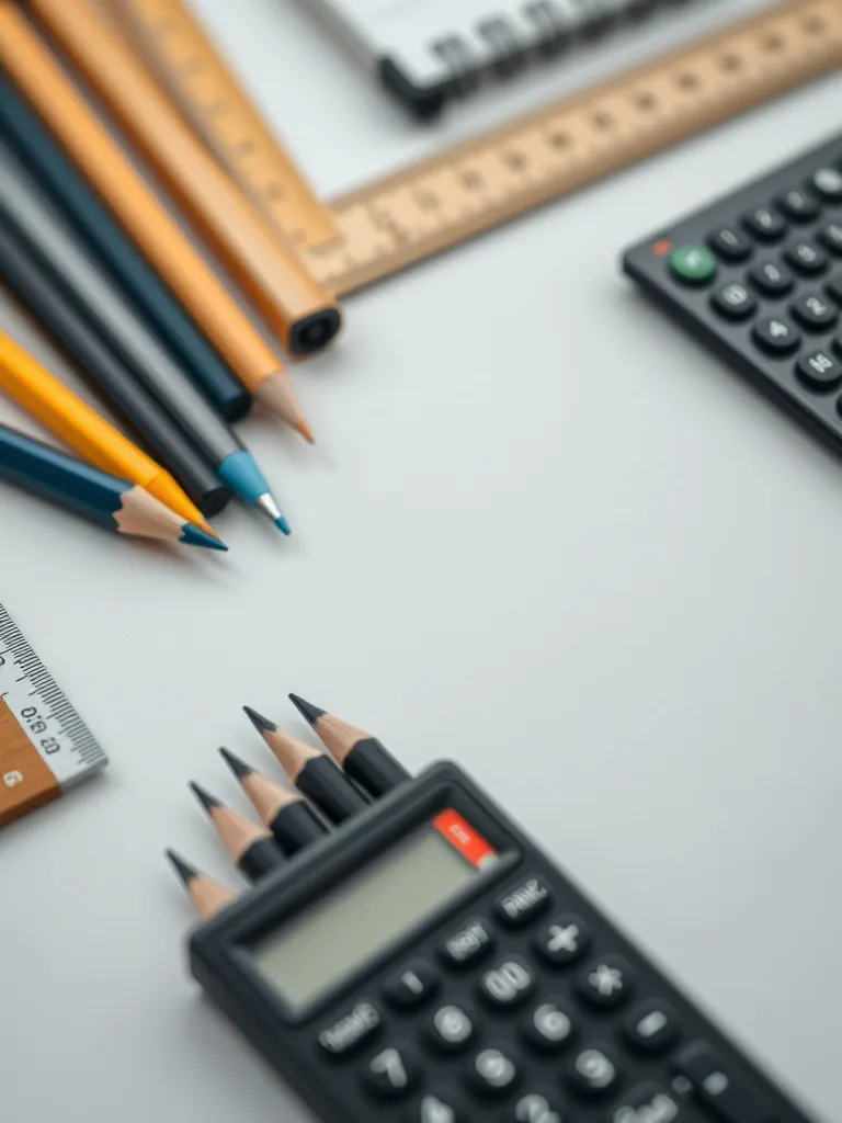 Macro shot of organized school supplies: pencils, rulers, an