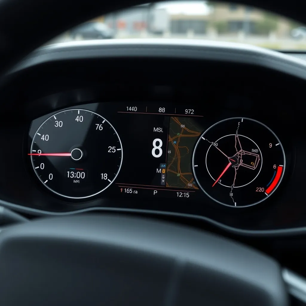 A modern car dashboard showing fuel consumption metrics and