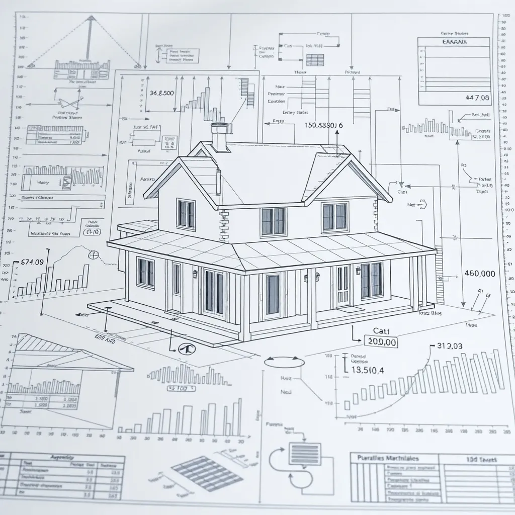 An architectural blueprint of a house overlaid with financia